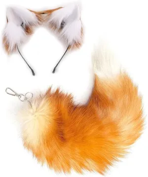 Cat Wolf Fox Ears and Tail Set for Kids Fluffy Fox Tail Cosplay Party Wolf Costume Fox Tail Keychain Halloween