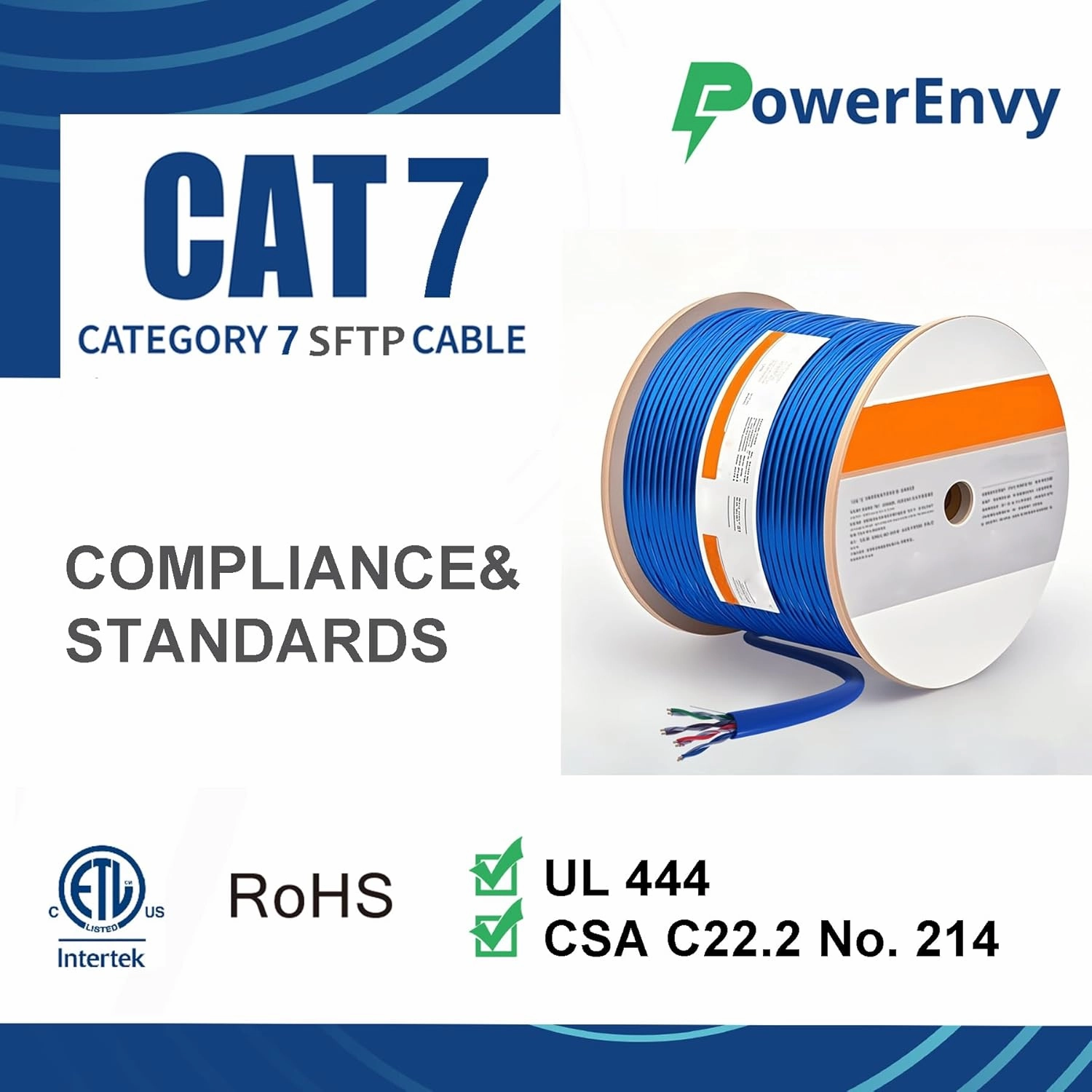 Cat7 S/FTP Ethernet Cable 500ft LAN, Category 7 Network Cable 23 AWG 4 Pair Solid Bare Copper 750Mhz 1000M 4 Twisted Pairs, CMR Rated, Aluminum Foil Shielding (Blue)