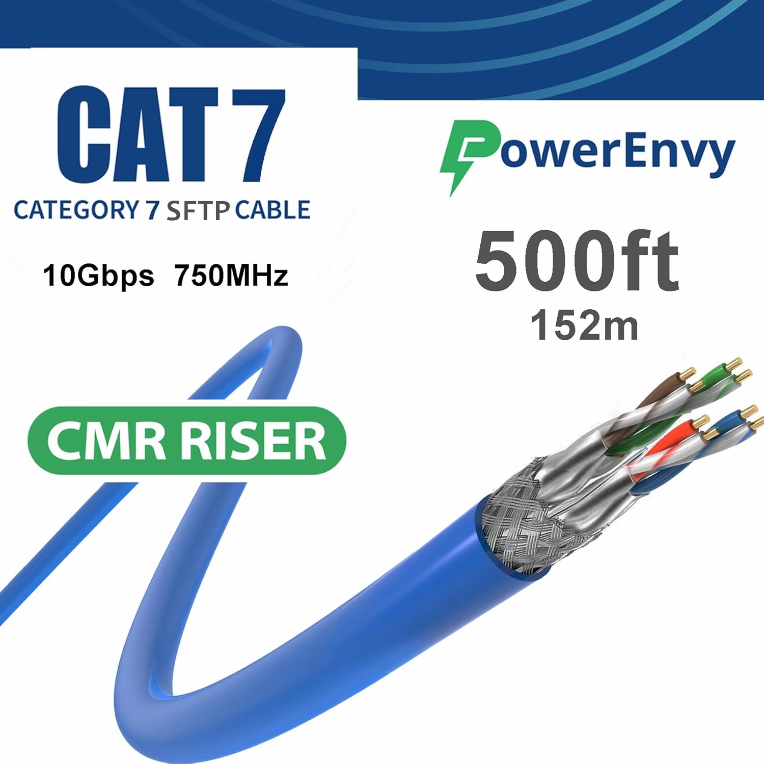 Cat7 S/FTP Ethernet Cable 500ft LAN, Category 7 Network Cable 23 AWG 4 Pair Solid Bare Copper 750Mhz 1000M 4 Twisted Pairs, CMR Rated, Aluminum Foil Shielding (Blue)