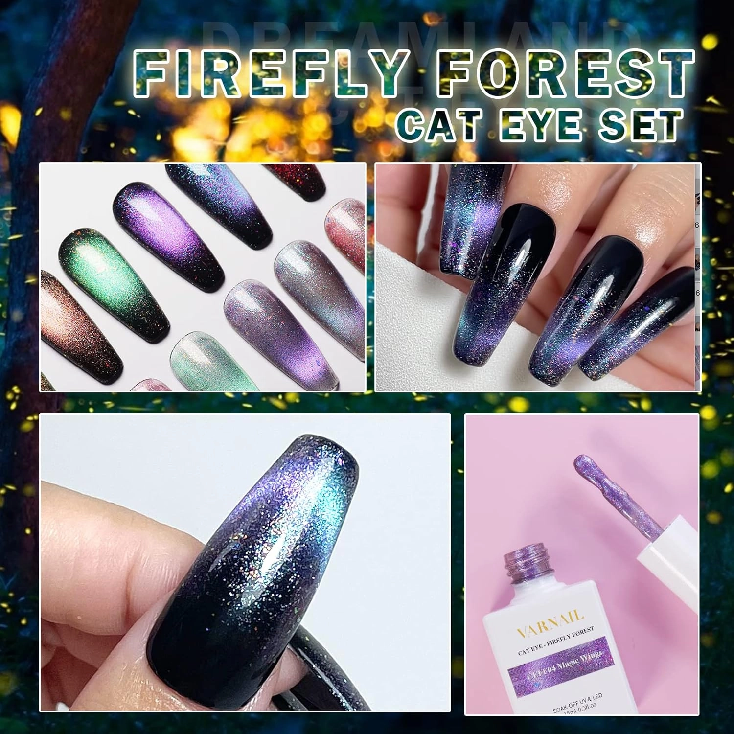 Cat Eye Gel Polish Kit 6 Colors, 15ML Glitter 9D Holographic Gel Polish with Magnet, Soak off U V Light Gel Nail Polish Set, Salon Magnetic Gel Nail Polish (Firefly Forest)