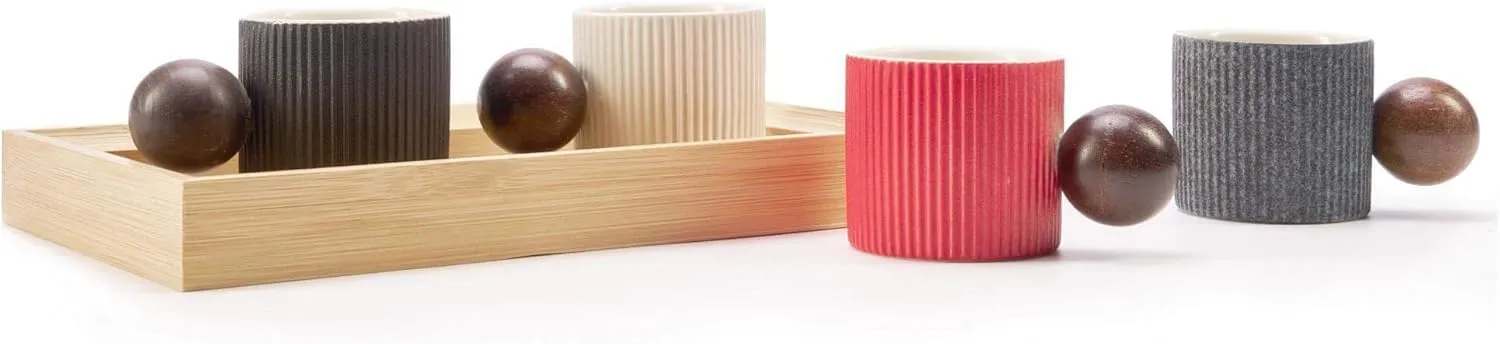 Ceramic Mini Espresso Cups Demitasse Cups with Round Wooden Handle Vertical Stripes Tea Cups (Black/White, 4pcs)