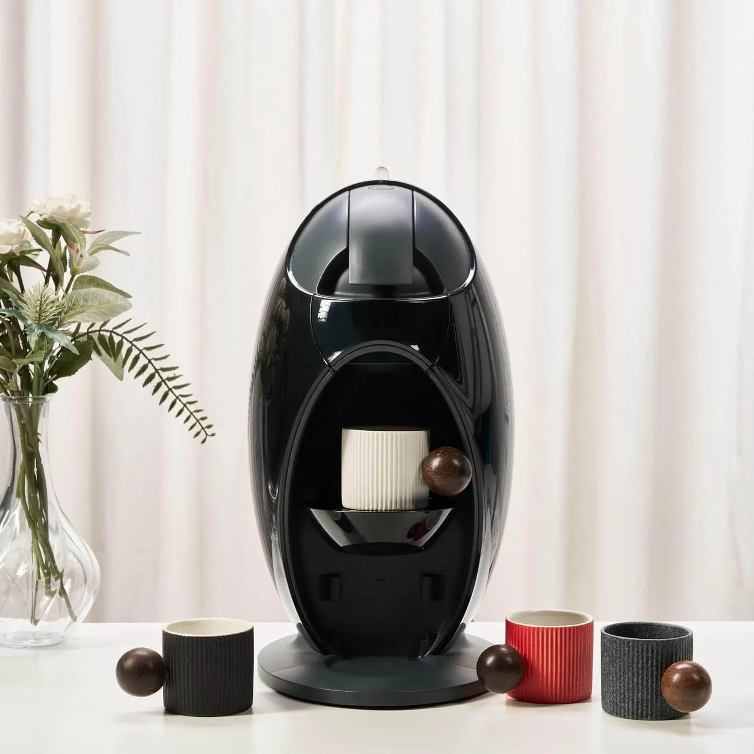 Ceramic Mini Espresso Cups Demitasse Cups with Round Wooden Handle Vertical Stripes Tea Cups (Black/White, 4pcs)