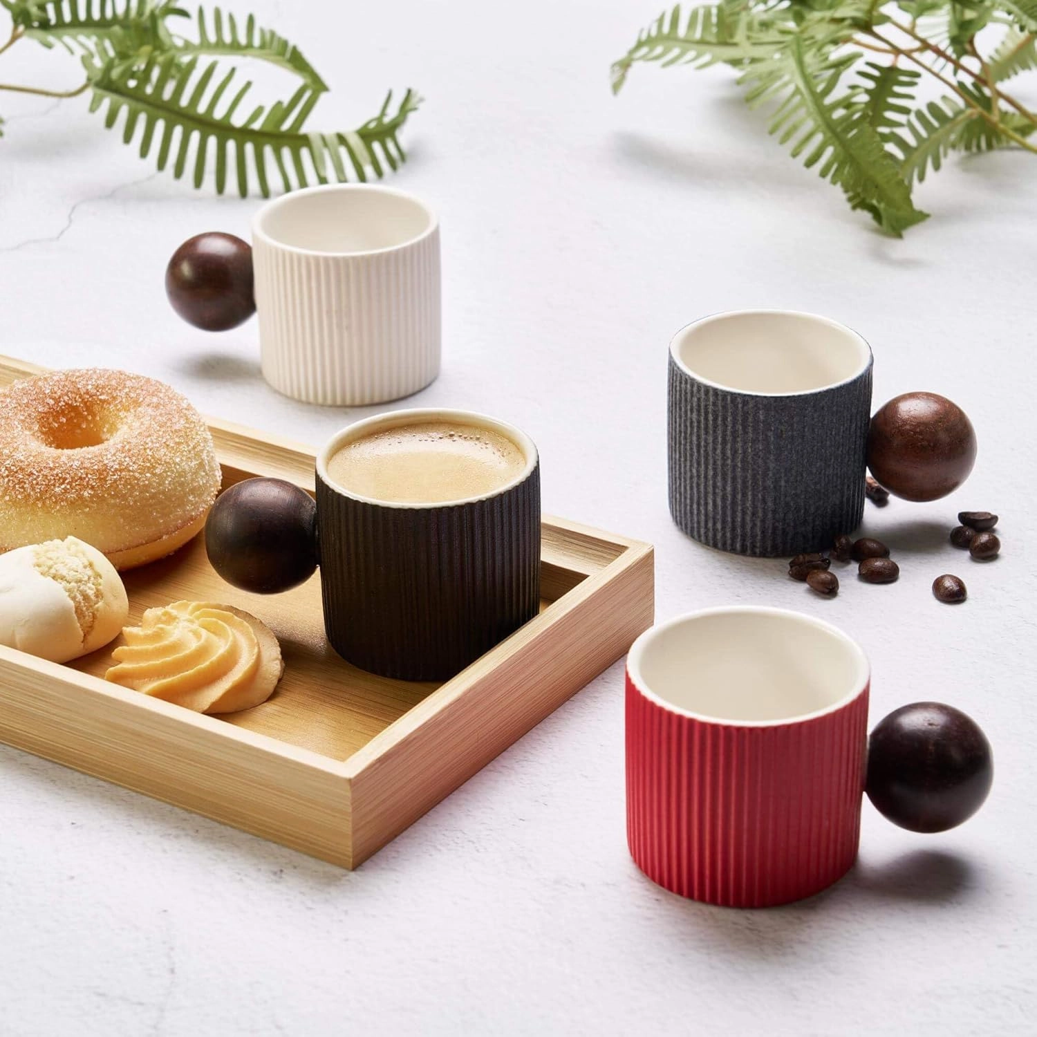 Ceramic Mini Espresso Cups Demitasse Cups with Round Wooden Handle Vertical Stripes Tea Cups (gray, 4pcs)