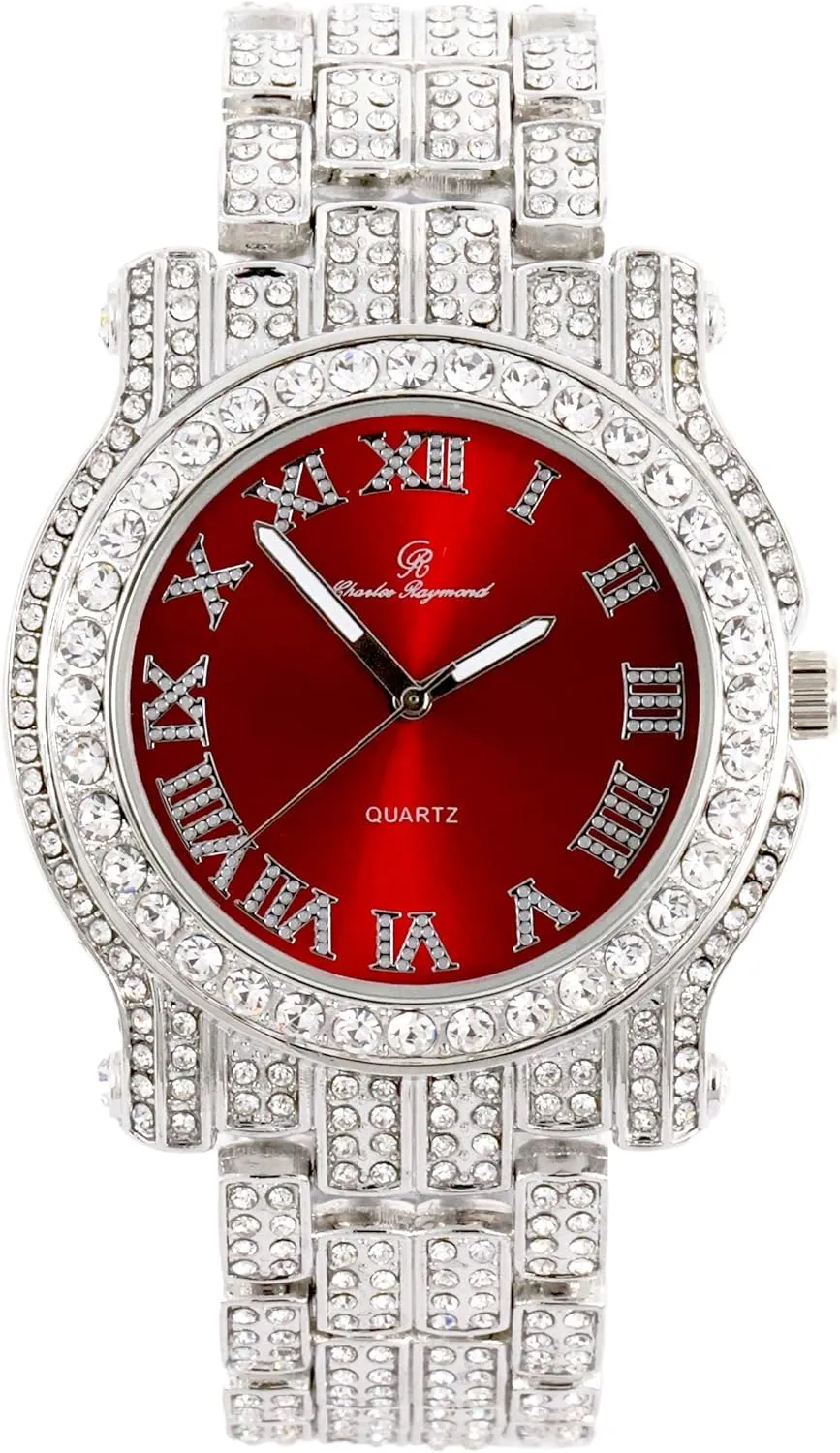 Charles Raymond Bling-ed Out Round Luxury Mens Watch w/Bling-ed Out Cuban Bracelet and Iced King Ring Set - L0504 BR 3pc Set