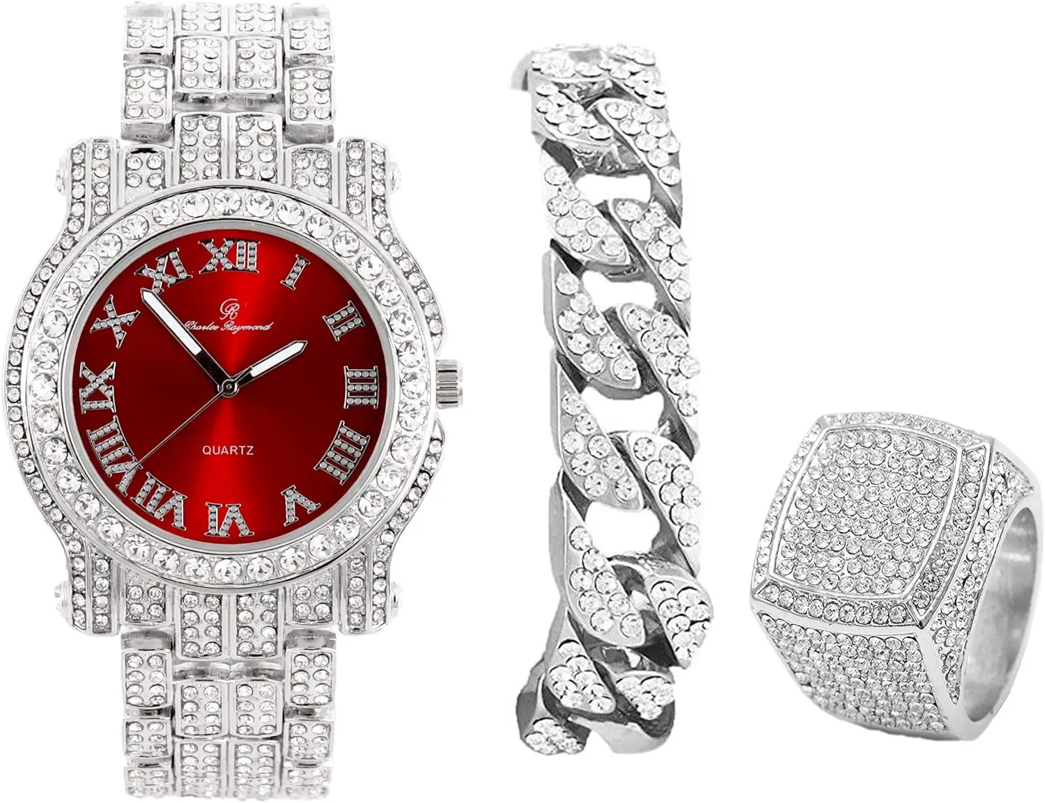 Charles Raymond Bling-ed Out Round Luxury Mens Watch w/Bling-ed Out Cuban Bracelet and Iced King Ring Set - L0504 BR 3pc Set