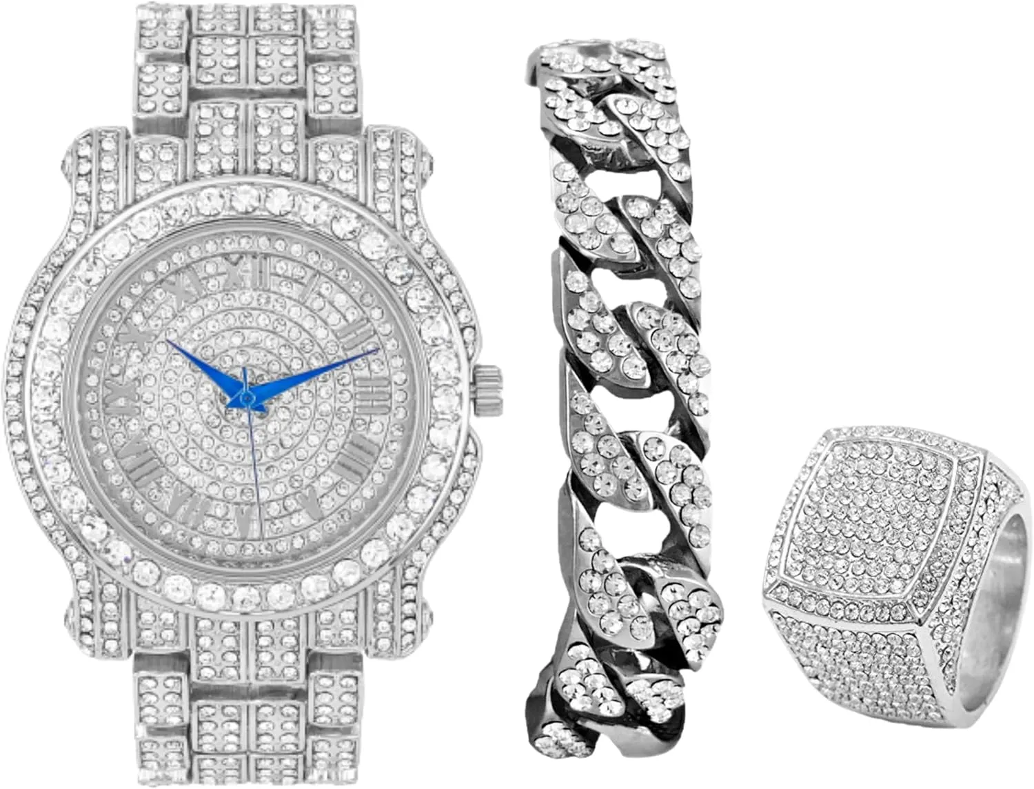 Charles Raymond Bling-ed Out Round Luxury Mens Watch w/Bling-ed Out Cuban Bracelet and Iced King Ring Set - L0504 BR 3pc Set