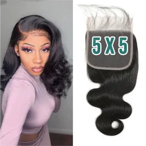 CHEEON 5x5 HD Lace Closure 14in Body Wave Human Hair Lace Closure Unprocessed Brazilian Virgin Human Hair Free Part Natural Black Color