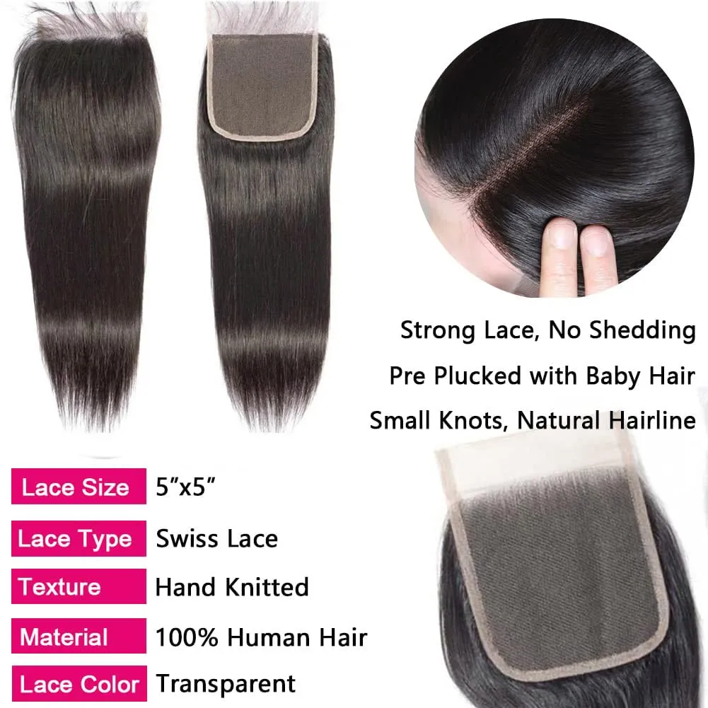 CHEEON 5x5 HD Lace Closure 14in Straight Human Hair Lace Closure Unprocessed Brazilian Virgin Human Hair Free Part Natural Black Color