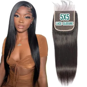 CHEEON 5x5 HD Lace Closure 14in Straight Human Hair Lace Closure Unprocessed Brazilian Virgin Human Hair Free Part Natural Black Color