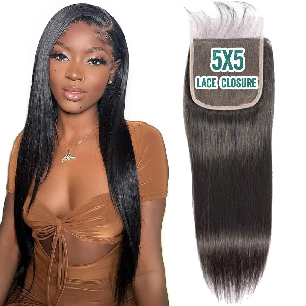 CHEEON 5x5 HD Lace Closure 14in Straight Human Hair Lace Closure Unprocessed Brazilian Virgin Human Hair Free Part Natural Black Color