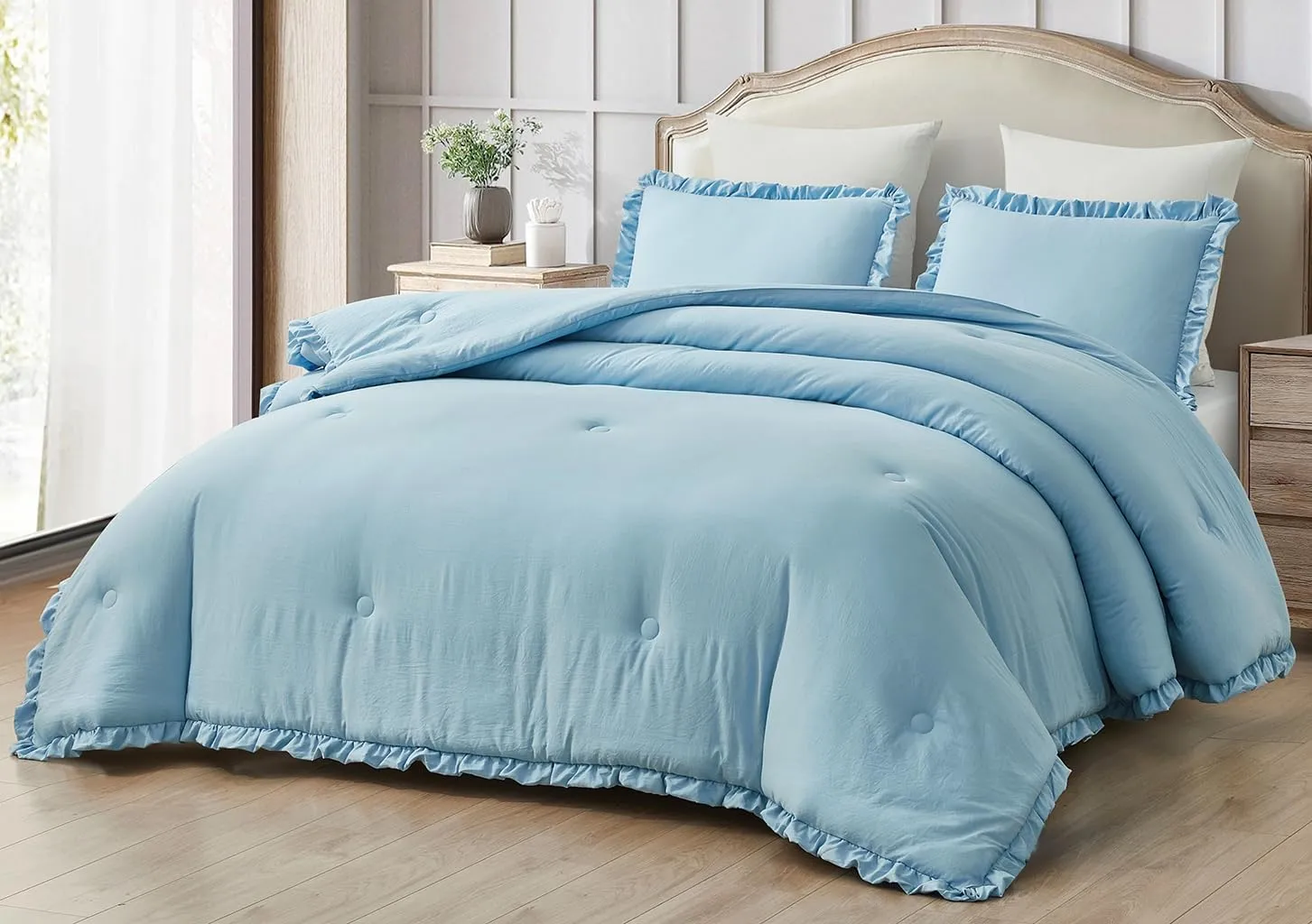 Chezmoi Collection Nora Chambray Blue Comforter Set Queen Size 3-Piece Lightweight Fluffy Soft Lightweight Bedding Ruffled Edge Trim Stone-Washed Microfiber Comforter Set for All Season