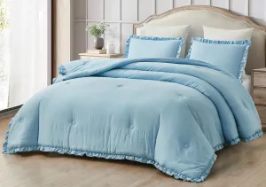 Chezmoi Collection Nora Chambray Blue Comforter Set Queen Size 3-Piece Lightweight Fluffy Soft Lightweight Bedding Ruffled Edge Trim Stone-Washed Microfiber Comforter Set for All Season