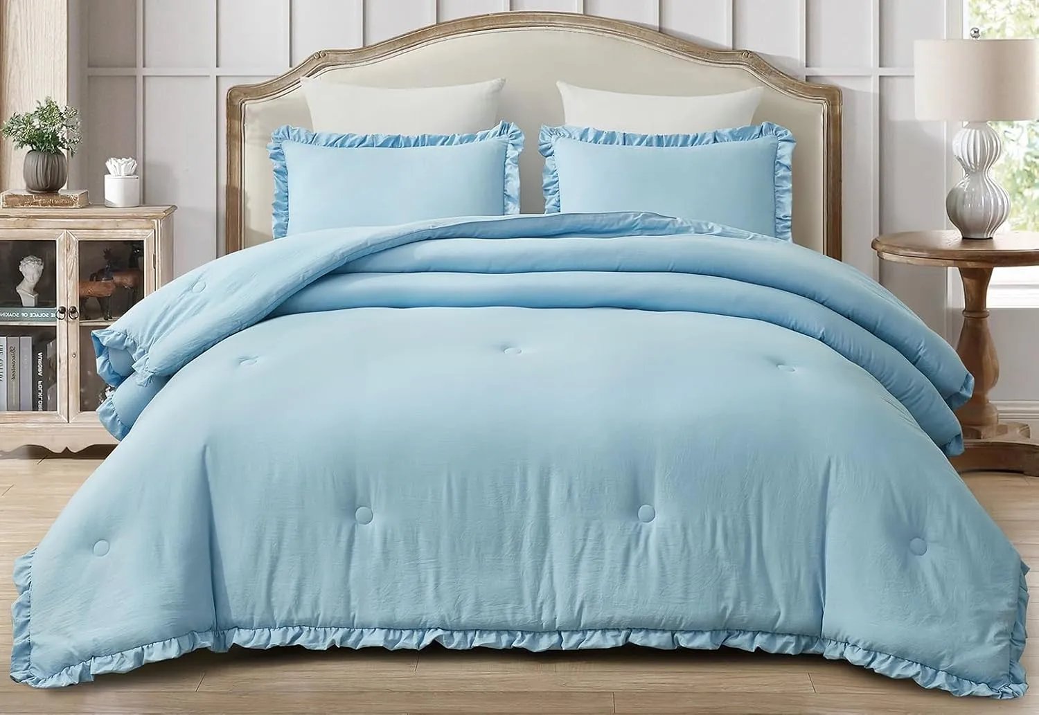 Chezmoi Collection Nora Chambray Blue Comforter Set Queen Size 3-Piece Lightweight Fluffy Soft Lightweight Bedding Ruffled Edge Trim Stone-Washed Microfiber Comforter Set for All Season