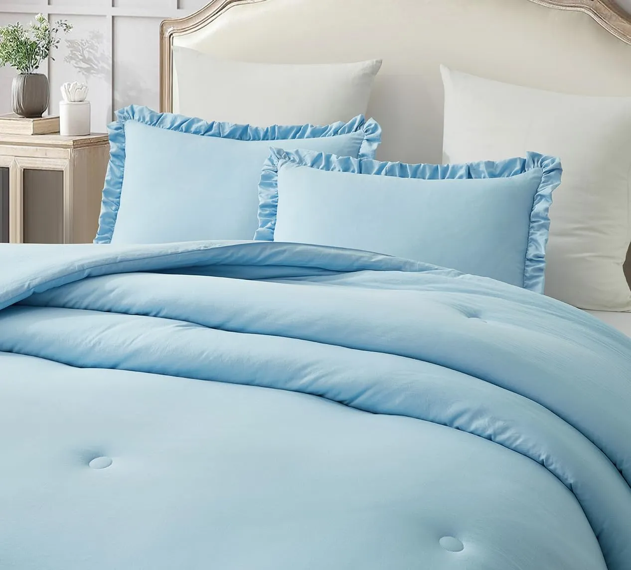 Chezmoi Collection Nora Chambray Blue Comforter Set Queen Size 3-Piece Lightweight Fluffy Soft Lightweight Bedding Ruffled Edge Trim Stone-Washed Microfiber Comforter Set for All Season