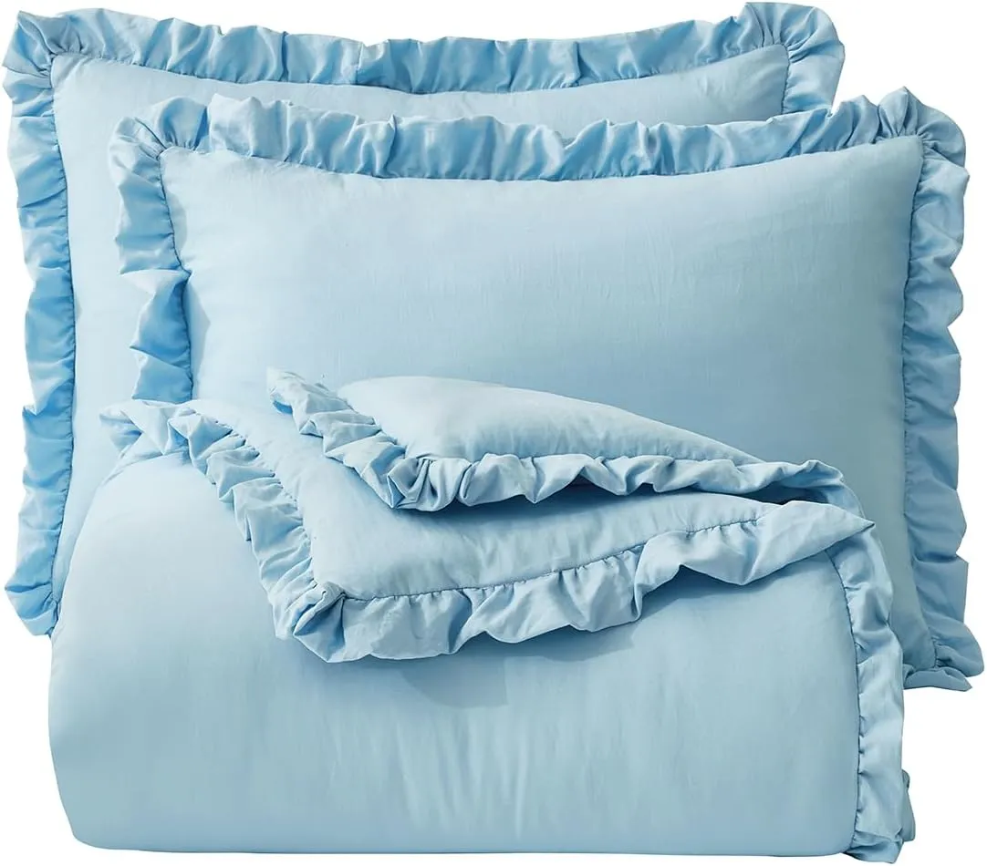 Chezmoi Collection Nora Chambray Blue Comforter Set Queen Size 3-Piece Lightweight Fluffy Soft Lightweight Bedding Ruffled Edge Trim Stone-Washed Microfiber Comforter Set for All Season