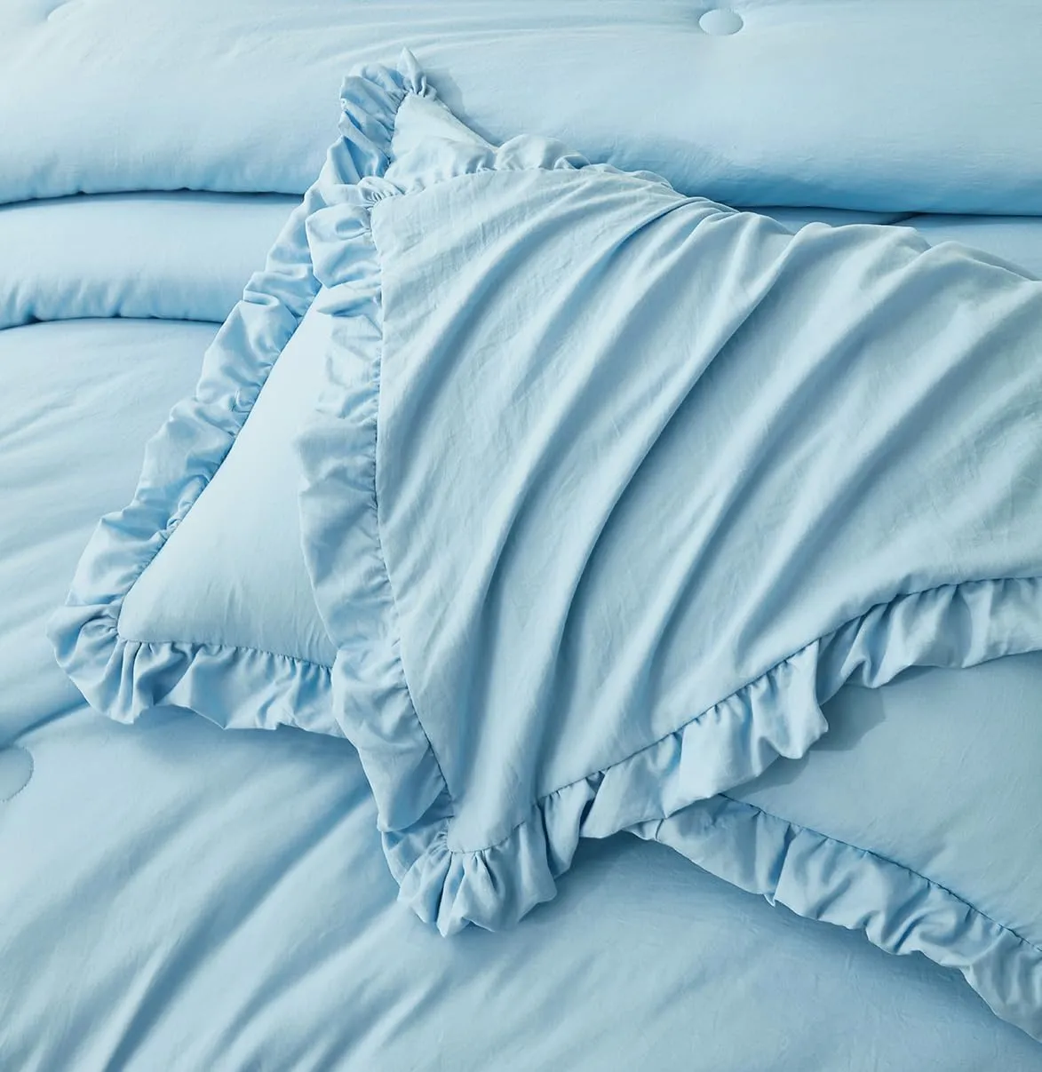 Chezmoi Collection Nora Chambray Blue Comforter Set Queen Size 3-Piece Lightweight Fluffy Soft Lightweight Bedding Ruffled Edge Trim Stone-Washed Microfiber Comforter Set for All Season