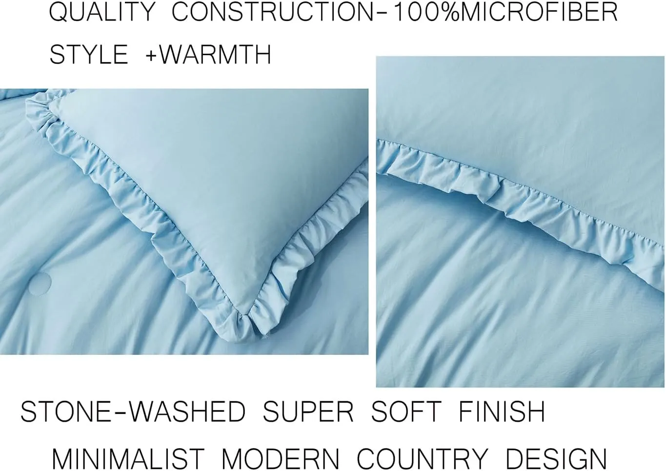Chezmoi Collection Nora Chambray Blue Comforter Set Queen Size 3-Piece Lightweight Fluffy Soft Lightweight Bedding Ruffled Edge Trim Stone-Washed Microfiber Comforter Set for All Season