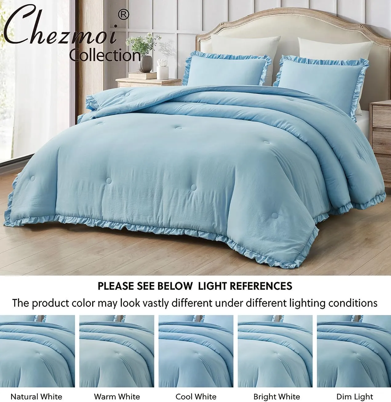 Chezmoi Collection Nora Chambray Blue Comforter Set Queen Size 3-Piece Lightweight Fluffy Soft Lightweight Bedding Ruffled Edge Trim Stone-Washed Microfiber Comforter Set for All Season