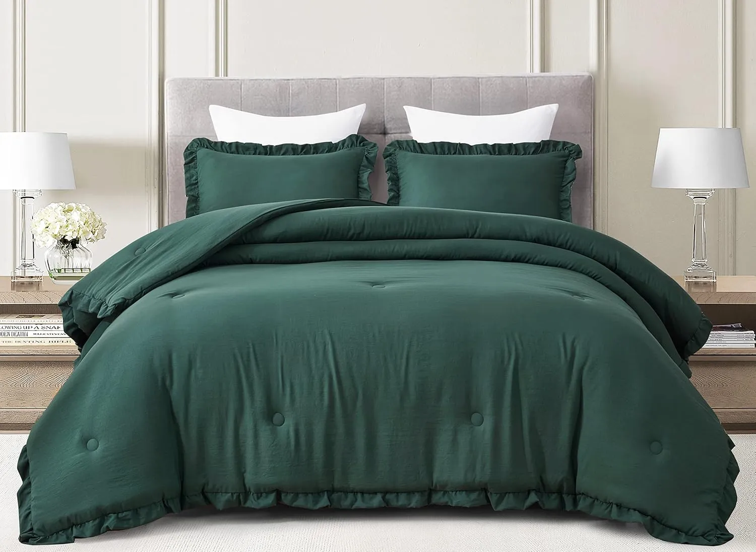 Chezmoi Collection Nora Emerald Green Comforter Set Queen Size 3-Piece Lightweight Fluffy Soft Lightweight Bedding Ruffled Edge Trim Stone-Washed Microfiber Comforter Set for All Season