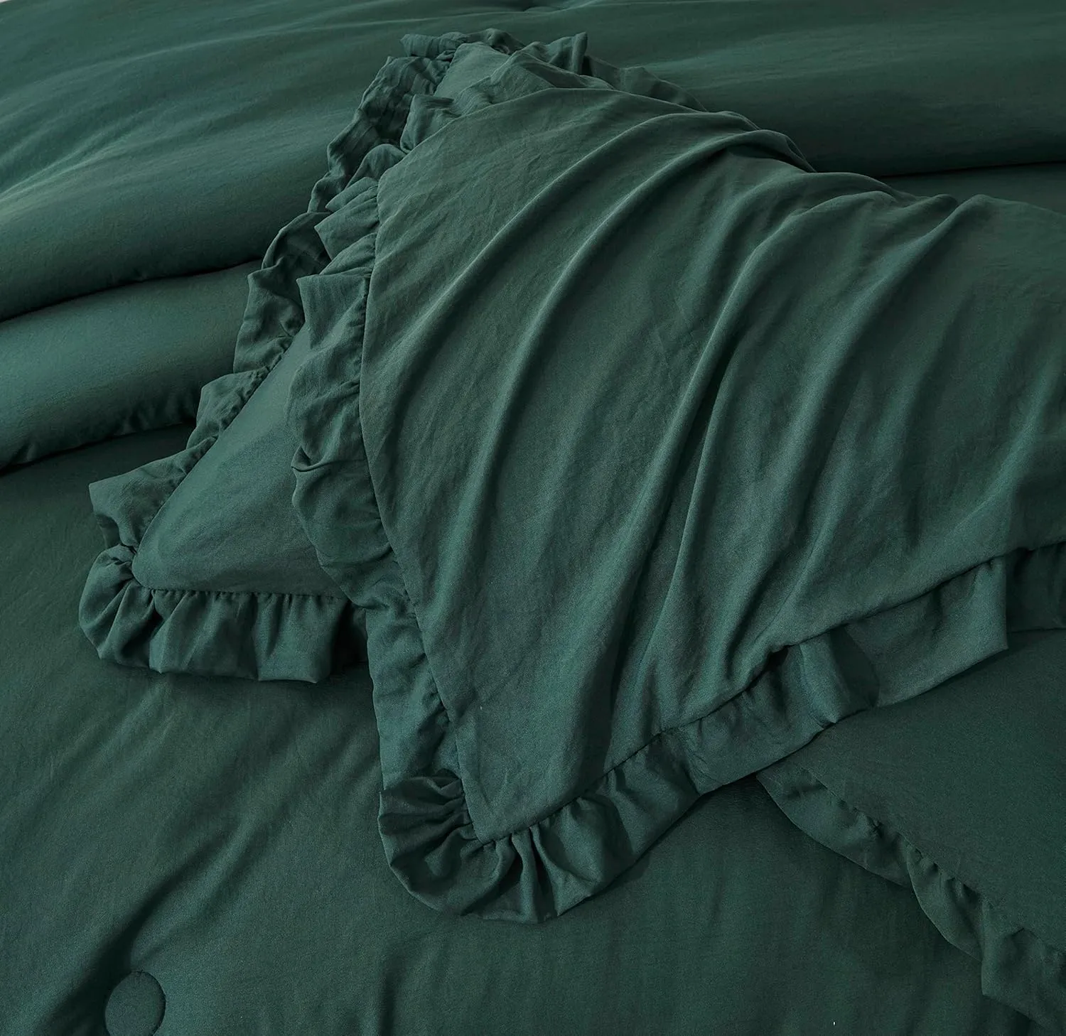 Chezmoi Collection Nora Emerald Green Comforter Set Queen Size 3-Piece Lightweight Fluffy Soft Lightweight Bedding Ruffled Edge Trim Stone-Washed Microfiber Comforter Set for All Season