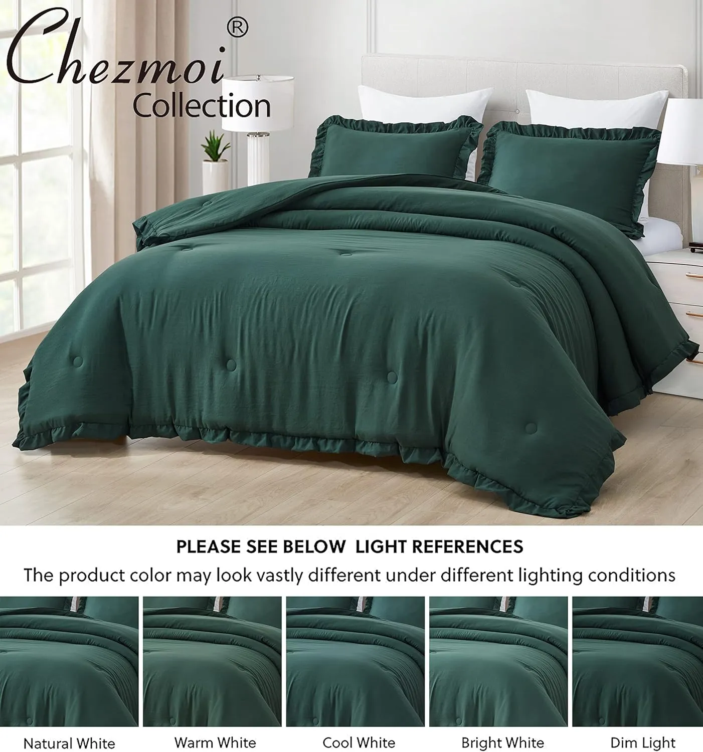Chezmoi Collection Nora Emerald Green Comforter Set Queen Size 3-Piece Lightweight Fluffy Soft Lightweight Bedding Ruffled Edge Trim Stone-Washed Microfiber Comforter Set for All Season