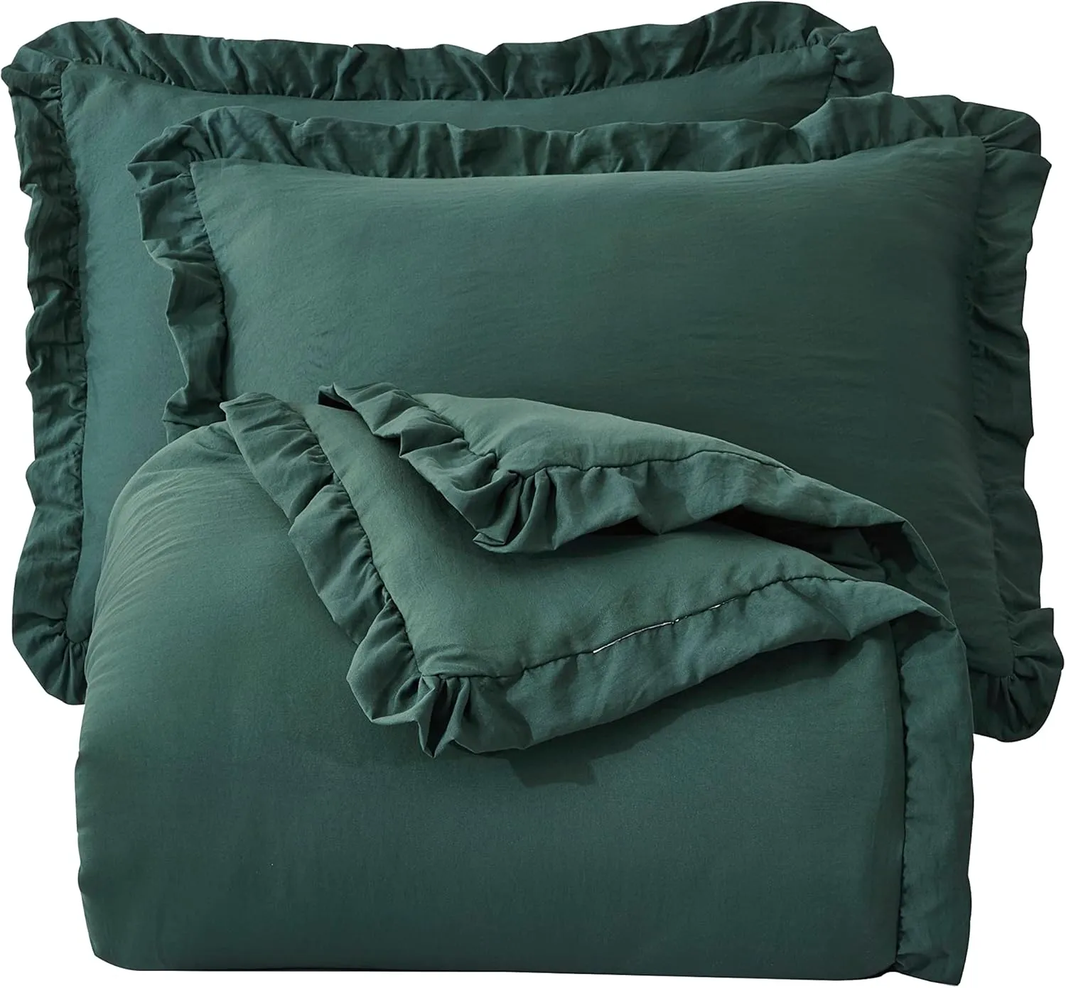 Chezmoi Collection Nora Emerald Green Comforter Set Queen Size 3-Piece Lightweight Fluffy Soft Lightweight Bedding Ruffled Edge Trim Stone-Washed Microfiber Comforter Set for All Season