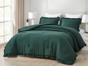Chezmoi Collection Nora Emerald Green Comforter Set Queen Size 3-Piece Lightweight Fluffy Soft Lightweight Bedding Ruffled Edge Trim Stone-Washed Microfiber Comforter Set for All Season