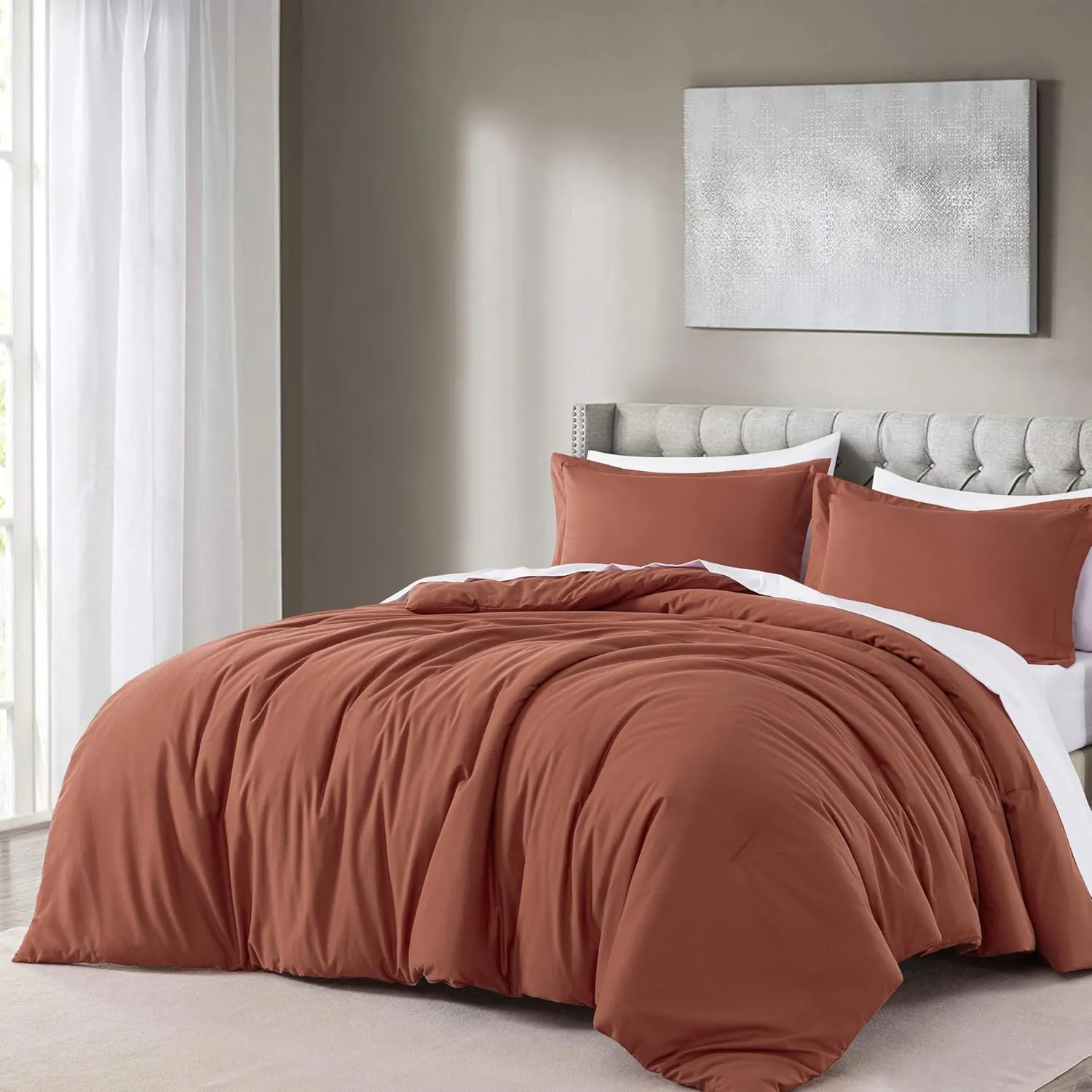 Chezmoi Collection Solid Terracotta Cotton Comforter Set King Size, 3-Piece Luxury Soft Breathable Smooth Cooling 250TC Cotton Twill Lightweight Bedding Comforter for All Season