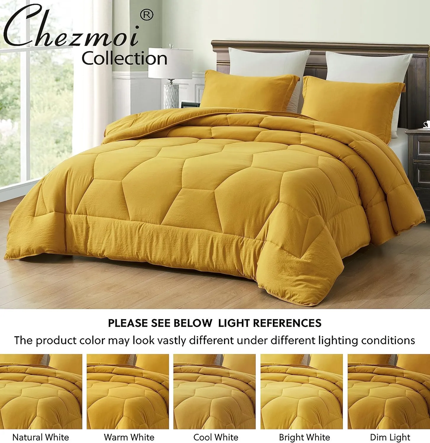 Chezmoi Collection Vero Mustard Yellow Comforter Set Oversized King Size 3-Piece Fluffy Soft Lightweight Bedding Honeycomb Geometric Quilted Stone-Washed Microfiber Comforter Set for All Season