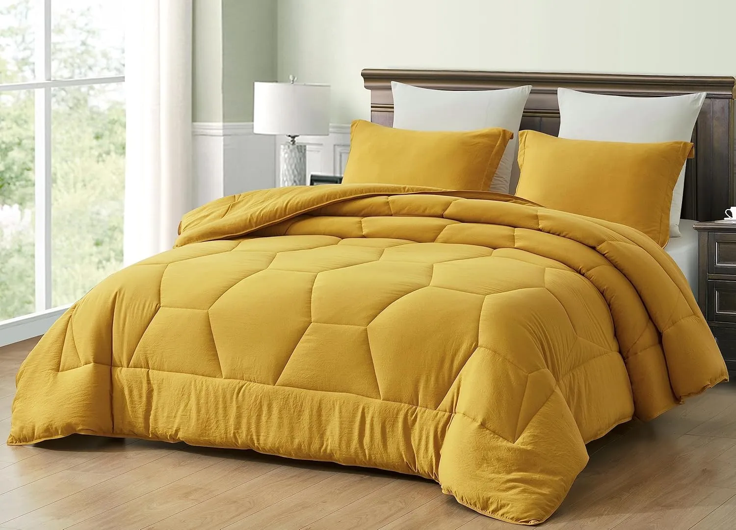 Chezmoi Collection Vero Mustard Yellow Comforter Set Oversized King Size 3-Piece Fluffy Soft Lightweight Bedding Honeycomb Geometric Quilted Stone-Washed Microfiber Comforter Set for All Season