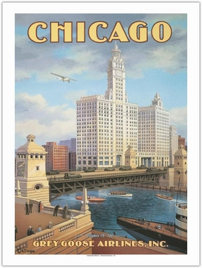 Chicago Illinois - DuSable Bridge (Michigan Avenue Bridge) - Grey Goose Airlines - Vintage Airline Travel Poster by Kerne Erickson - Bamboo Fine Art 290gsm Paper Print (Unframed) 24x32in