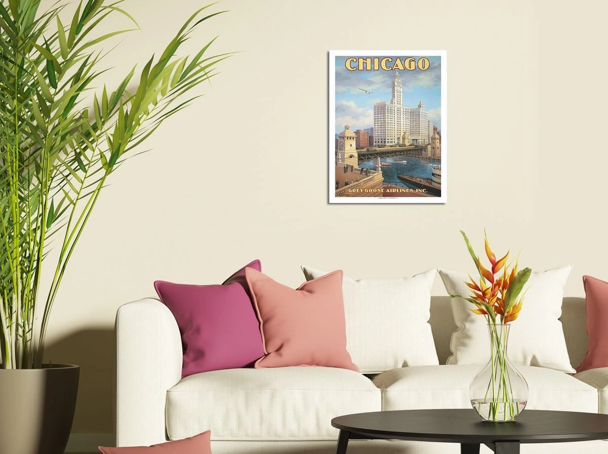 Chicago Illinois - DuSable Bridge (Michigan Avenue Bridge) - Grey Goose Airlines - Vintage Airline Travel Poster by Kerne Erickson - Bamboo Fine Art 290gsm Paper Print (Unframed) 24x32in