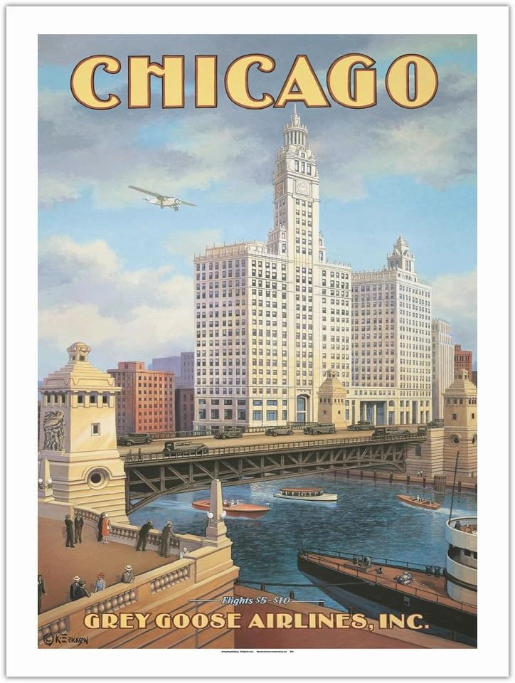 Chicago Illinois - DuSable Bridge (Michigan Avenue Bridge) - Grey Goose Airlines - Vintage Airline Travel Poster by Kerne Erickson - Bamboo Fine Art 290gsm Paper Print (Unframed) 24x32in