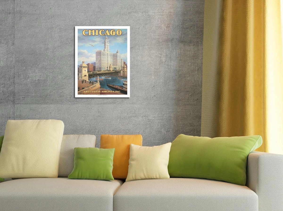 Chicago Illinois - DuSable Bridge (Michigan Avenue Bridge) - Grey Goose Airlines - Vintage Airline Travel Poster by Kerne Erickson - Bamboo Fine Art 290gsm Paper Print (Unframed) 24x32in