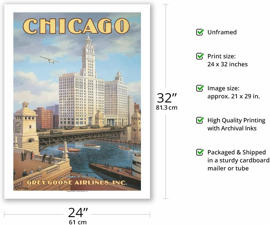 Chicago Illinois - DuSable Bridge (Michigan Avenue Bridge) - Grey Goose Airlines - Vintage Airline Travel Poster by Kerne Erickson - Bamboo Fine Art 290gsm Paper Print (Unframed) 24x32in