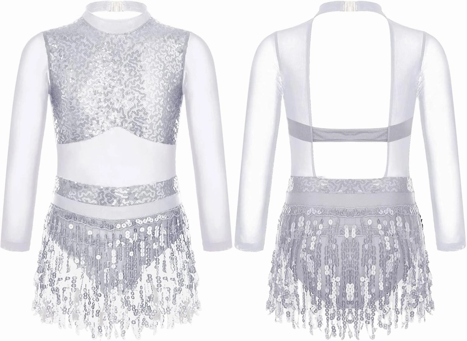 CHICTRY Kids Girls Tassel Sequins Long Sleeve Dance Dress Rumba Samba Latin Salsa Dance Costumes Jazz Dancewear