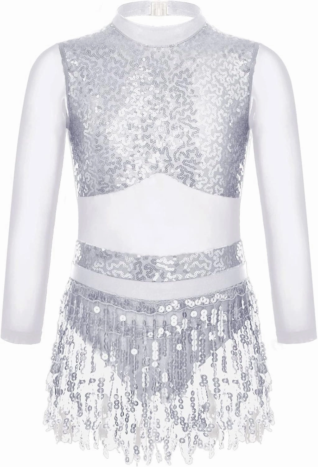 CHICTRY Kids Girls Tassel Sequins Long Sleeve Dance Dress Rumba Samba Latin Salsa Dance Costumes Jazz Dancewear