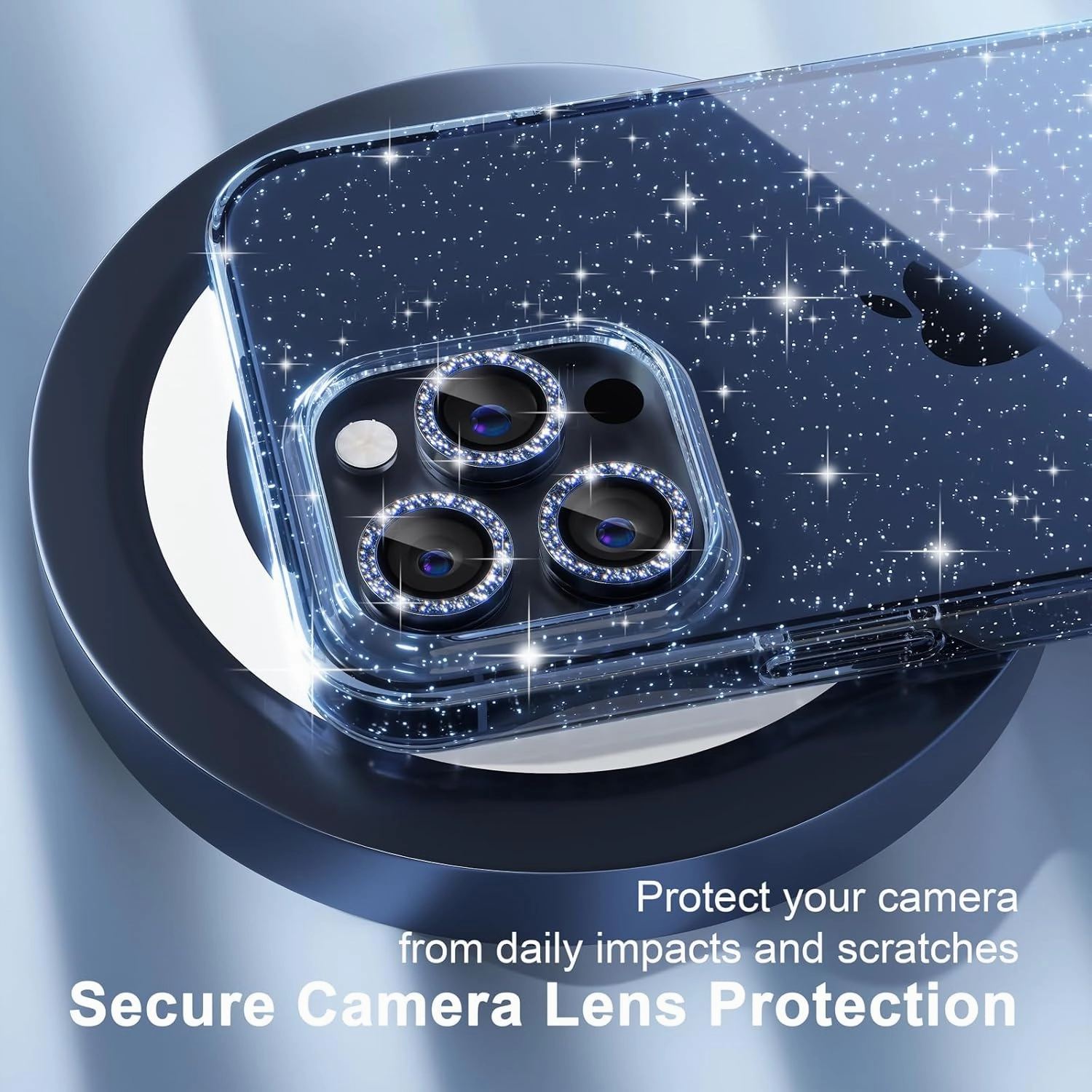 Choiche Compatible for iPhone 15 Pro Max Case, Women Cute Clear Glitter Bling Sparkly Case, [3 x Diamond Camera Lens Protectors] [2 x Tempered Glass Screen Protectors] 6.7-inch (Glitter Blue)