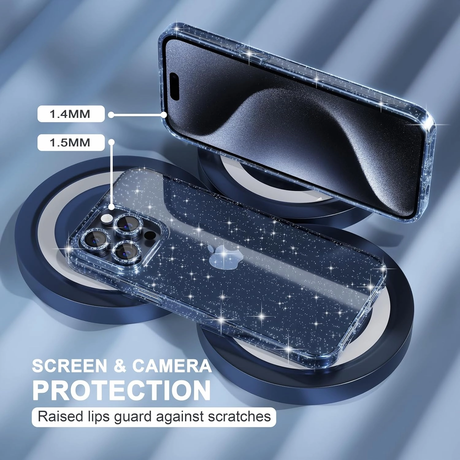 Choiche Compatible for iPhone 15 Pro Max Case, Women Cute Clear Glitter Bling Sparkly Case, [3 x Diamond Camera Lens Protectors] [2 x Tempered Glass Screen Protectors] 6.7-inch (Glitter Blue)
