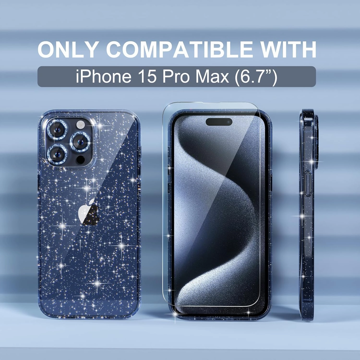 Choiche Compatible for iPhone 15 Pro Max Case, Women Cute Clear Glitter Bling Sparkly Case, [3 x Diamond Camera Lens Protectors] [2 x Tempered Glass Screen Protectors] 6.7-inch (Glitter Blue)