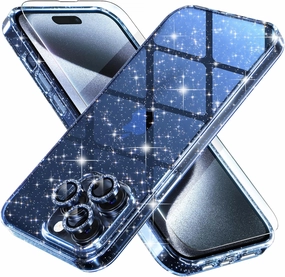 Choiche Compatible for iPhone 15 Pro Max Case, Women Cute Clear Glitter Bling Sparkly Case, [3 x Diamond Camera Lens Protectors] [2 x Tempered Glass Screen Protectors] 6.7-inch (Glitter Blue)