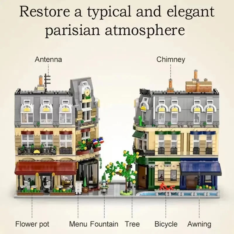 City Street Creator Expert MOC Paris Restaurant Bricks Toy