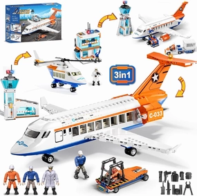City Passenger Airplane Building Set for Boys, 3 in 1 Plane Helicopter Toy Kit with 3 Airport Staff, Terminal, Baggage Truck, Radar Tower, Easter Toy Gift for Kids Girls 6 7 8 9  Years Old (796 PCS)