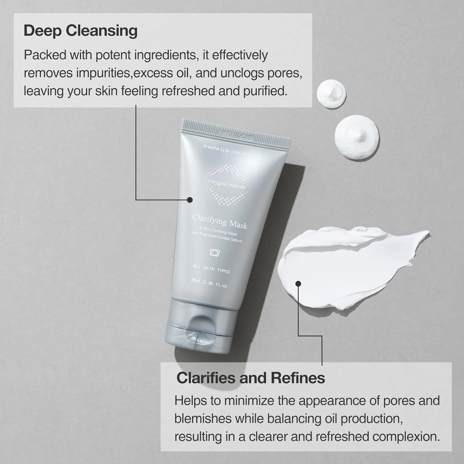 Clarifying Mask – Kaolin Clay Wash-Off Mask for Sebum Control, Exfoliation and Acne Prevention (70ml/2.37oz)