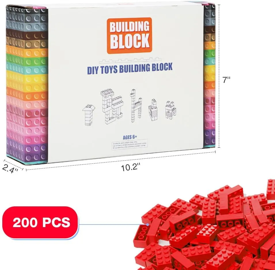 Classic Building Bricks, 200 Piece 2x4 Building Blocks STEM Creative Building Toys Compatible with All Major Brands, MOC Building Bricks DIY Play Set for Kids Age 6  (Red)