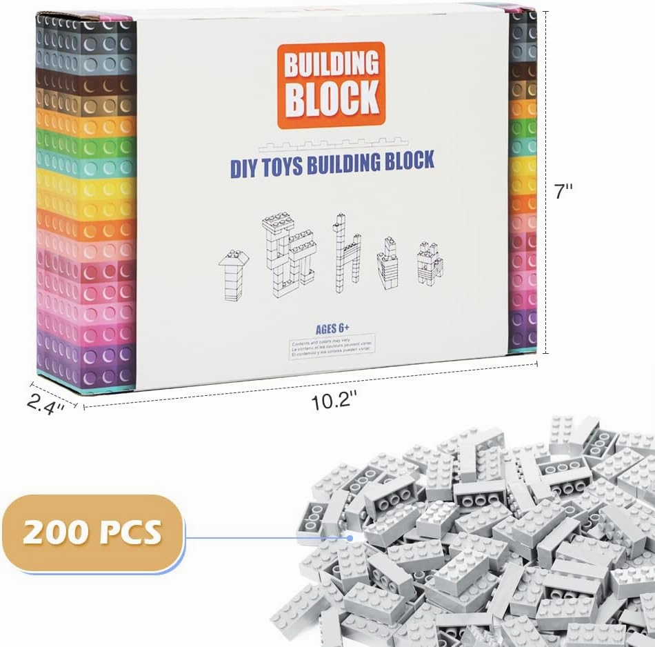 Classic Building Bricks, 200 Piece 2x4 Building Blocks STEM Creative Building Toys Compatible with All Major Brands, MOC Building Bricks DIY Play Set for Kids Age 6  (Light Grey)