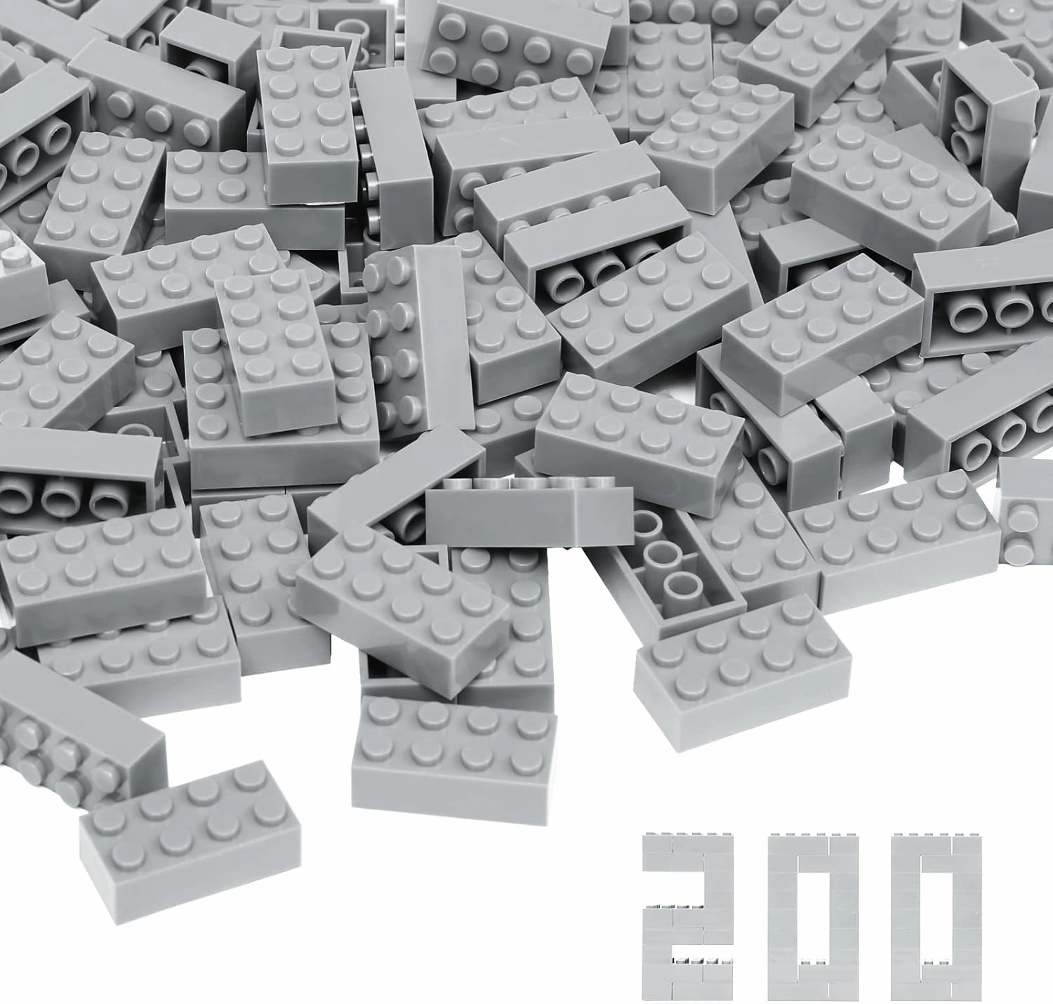Classic Building Bricks, 200 Piece 2x4 Building Blocks STEM Creative Building Toys Compatible with All Major Brands, MOC Building Bricks DIY Play Set for Kids Age 6  (Light Grey)