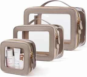 Clear Cosmetic Bag Set for Women Makeup Bag with Handle, 3 Pcs Travel Toiletry Bag Transparent Cosmetic Case Portable Make Up Organizer Bag for Essentials (Stone, Mini S L)