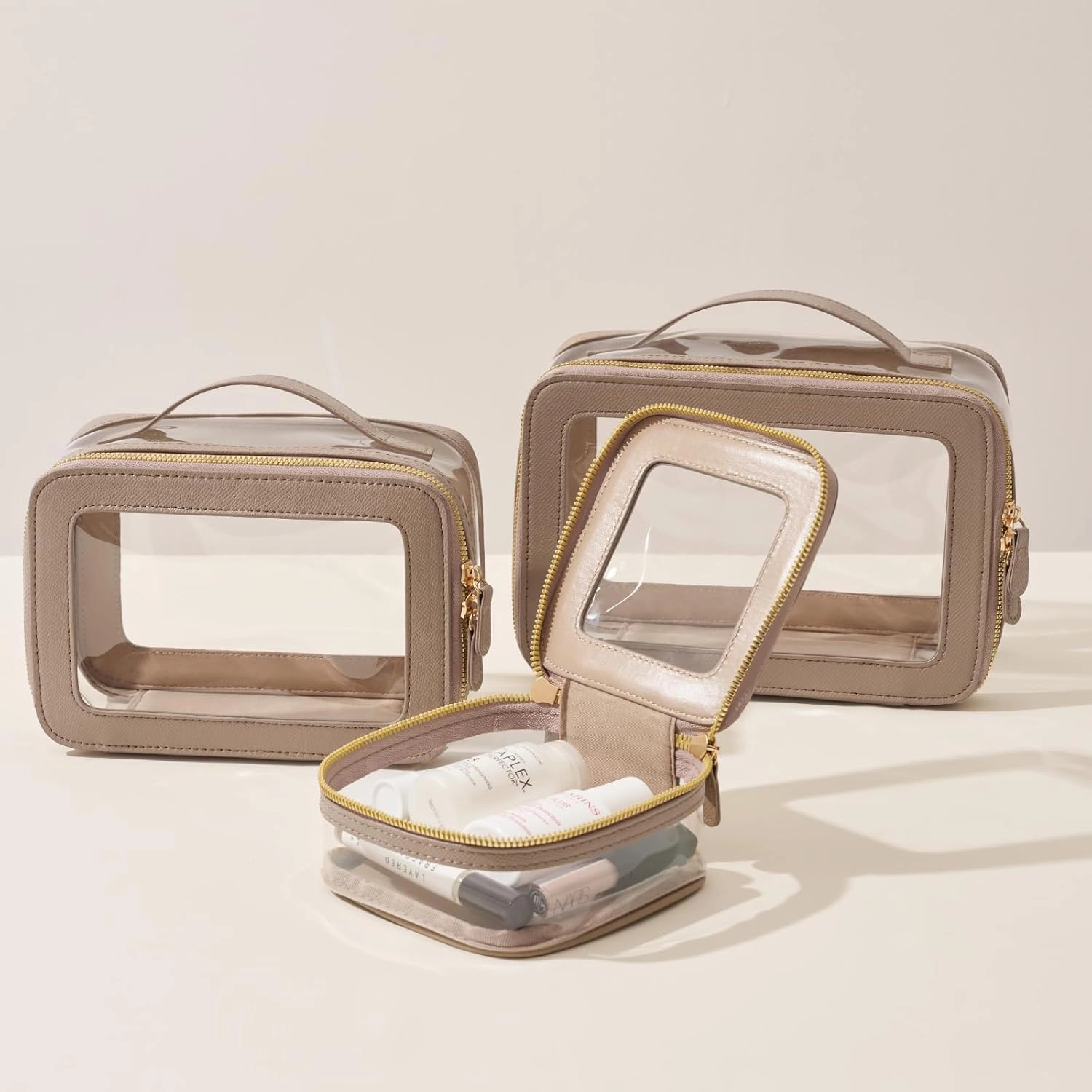 Clear Cosmetic Bag Set for Women Makeup Bag with Handle, 3 Pcs Travel Toiletry Bag Transparent Cosmetic Case Portable Make Up Organizer Bag for Essentials (Stone, Mini S L)