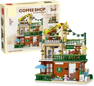 Coffee House Building Blocks Set for Adults, 3 in 1 City Street View Modern Cafe Shop Building Set with Light, Christmas Birthday Gift, Compatible with Major Brand(875 pcs)